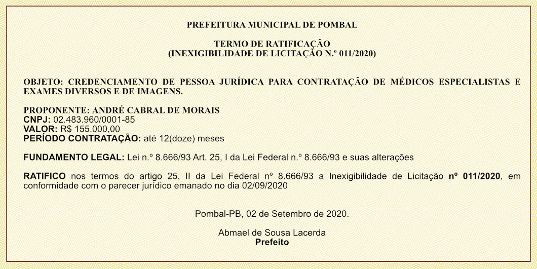 PREFEITURA DE POMBAL – TERMO DE RATIFICAÇÃO  (INEXIGIBILIDADE DE LICITAÇÃO N.º 011/2020)