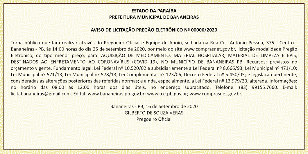 PREFEITURA MUNICIPAL DE BANANEIRAS – AVISO DE LICITAÇÃO – PREGÃO ELETRÔNICO Nº 00006/2020