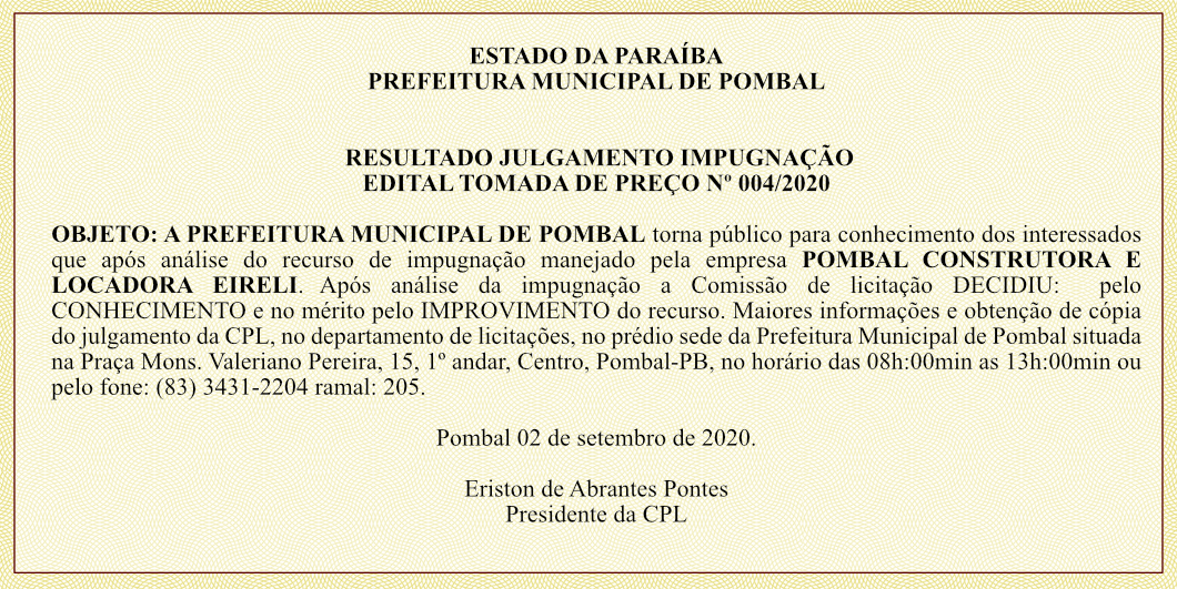 PREFEITURA MUNICIPAL DE POMBAL – RESULTADO JULGAMENTO IMPUGNAÇÃO – EDITAL TOMADA DE PREÇO Nº 004/2