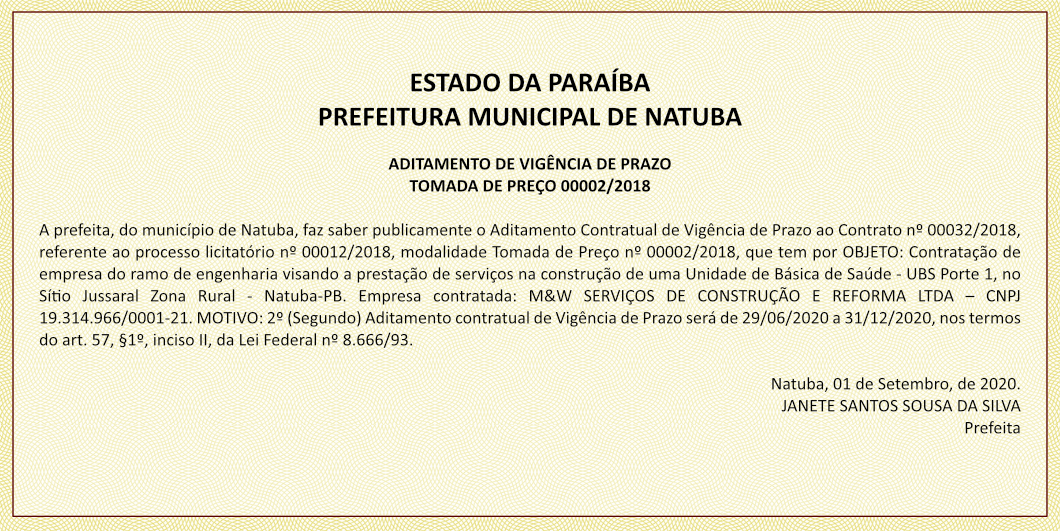 PREFEITURA MUNICIPAL DE NATUBA – ADITAMENTO DE VIGÊNCIA DE PRAZO – TOMADA DE PREÇO 00002/2018
