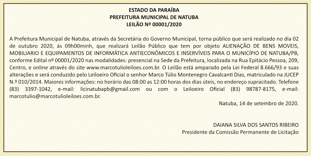 PREFEITURA MUNICIPAL DE NATUBA – LEILÃO Nº 00001/2020