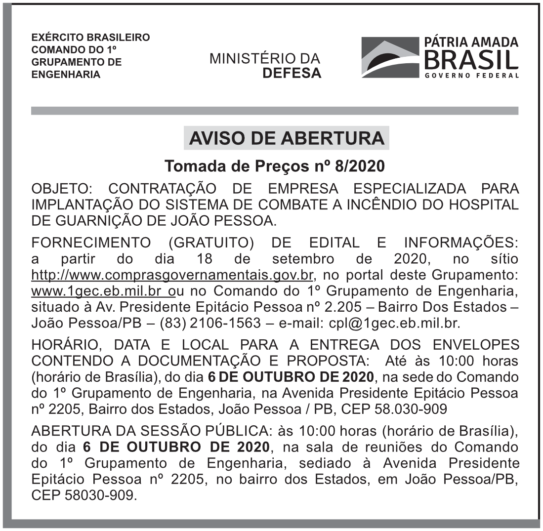 COMANDO DO 1º GRUPAMENTO DE ENGENHARIA – AVISO DE ABERTURA – TOMADA DE PREÇOS Nº 8/2020