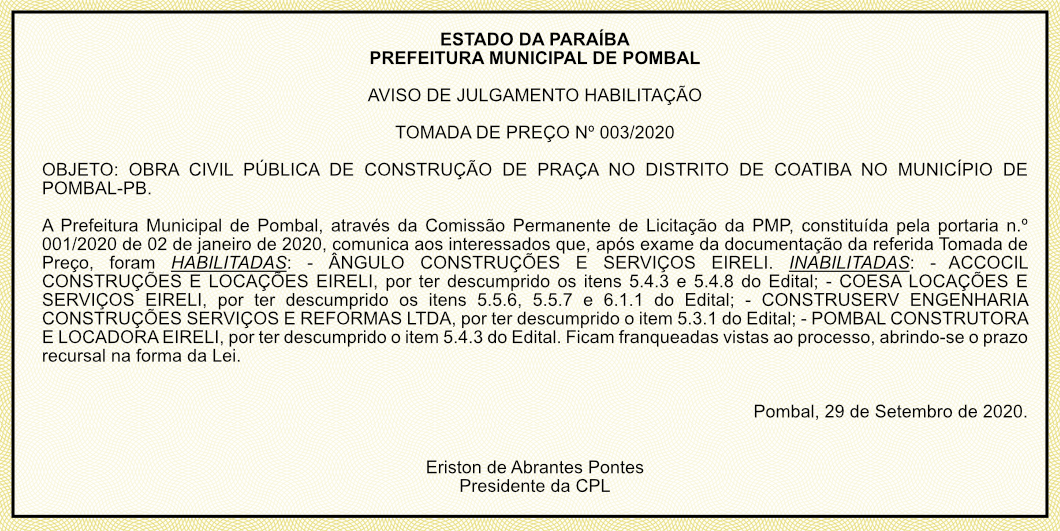 PREFEITURA MUNICIPAL DE POMBAL – AVISO DE JULGAMENTO HABILITAÇÃO – TOMADA DE PREÇO Nº 003/2020