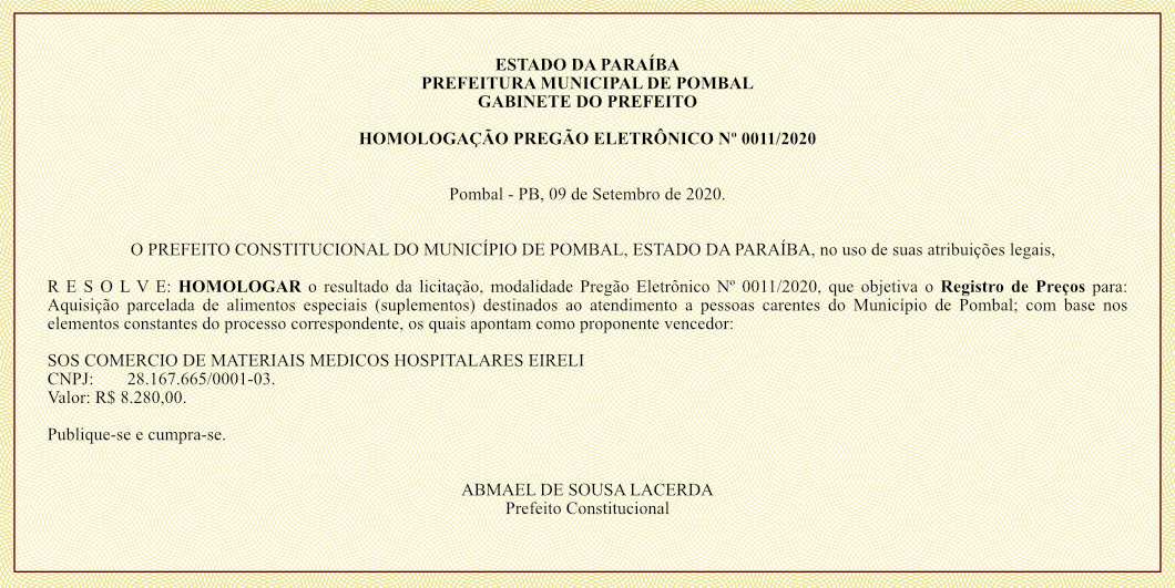 PREFEITURA MUNICIPAL DE POMBAL – HOMOLOGAÇÃO – PREGÃO ELETRÔNICO Nº 0011/2020