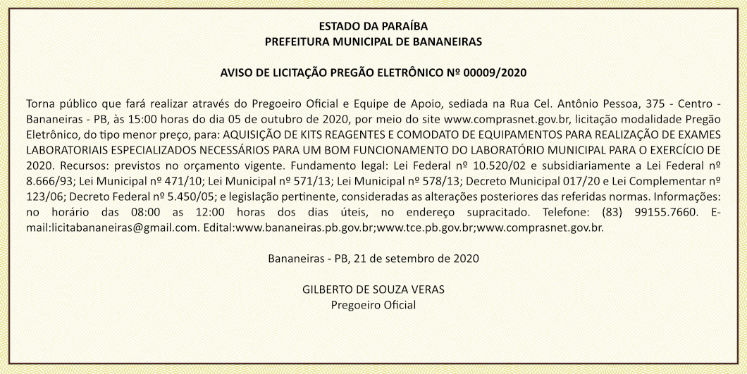 PREFEITURA MUNICIPAL DE BANANEIRAS – AVISO DE LICITAÇÃO – PREGÃO ELETRÔNICO Nº 00009/2020