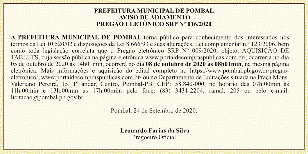 PREFEITURA MUNICIPAL DE POMBAL – AVISO DE ADIAMENTO – PREGÃO ELETÔNICO SRP Nº 016/2020