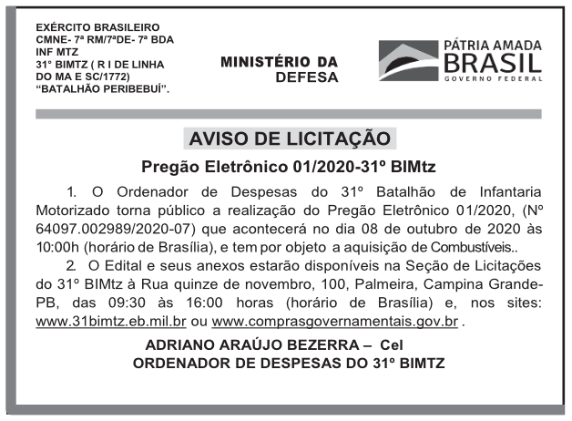 AVISO DE LICITAÇÃO – PREGÃO ELETRÔNICO 01/2020-31o BIMtz