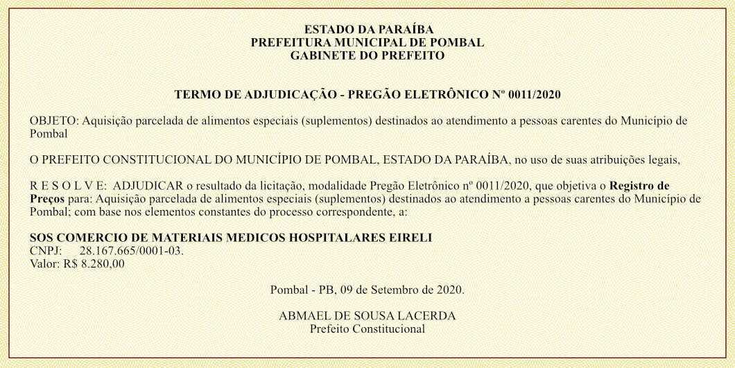 PREFEITURA MUNICIPAL DE POMBAL – TERMO DE ADJUDICAÇÃO – PREGÃO ELETRÔNICO Nº 0011/2020