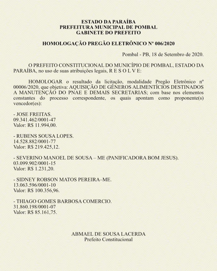 PREFEITURA MUNICIPAL DE POMBAL – GABINETE DO PREFEITO – HOMOLOGAÇÃO – PREGÃO ELETRÔNICO Nº 006/2020