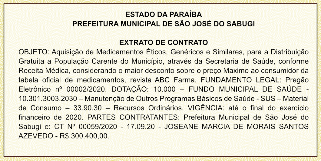 PREFEITURA MUNICIPAL DE SÃO JOSÉ DO SABUGI – EXTRATO DE CONTRATO