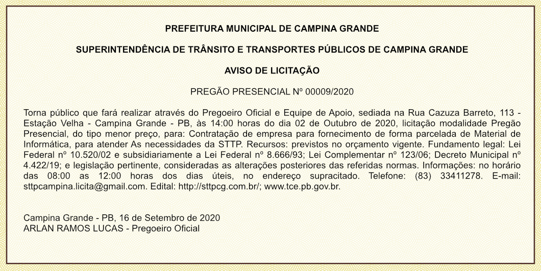 STTP – AVISO DE LICITAÇÃO PREGÃO PRESENCIAL Nº 00009/2020