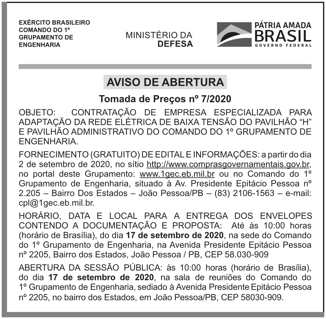 COMANDO DO 1º GRUPAMENTO DE ENGENHARIA – AVISO DE ABERTURA – TOMADA DE PREÇOS Nº 7/2020