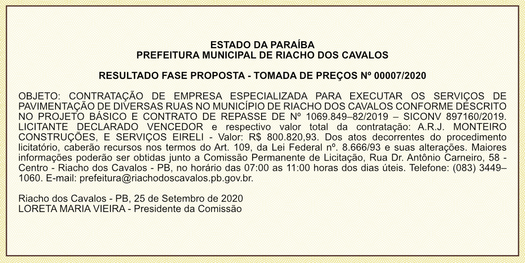 PREFEITURA MUNICIPAL DE RIACHO DOS CAVALOS – RESULTADO FASE PROPOSTA – TOMADA DE PREÇOS Nº 00007/2020
