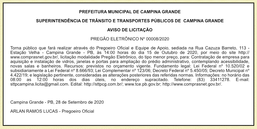 STTP – AVISO DE LICITAÇÃO – PREGÃO ELETRÔNICO Nº 00008/2020