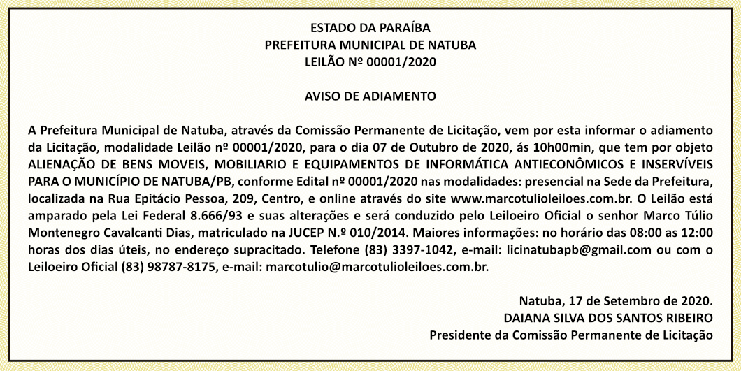 PREFEITURA MUNICIPAL DE NATUBA – LEILÃO Nº 00001/2020 – AVISO DE ADIAMENTO