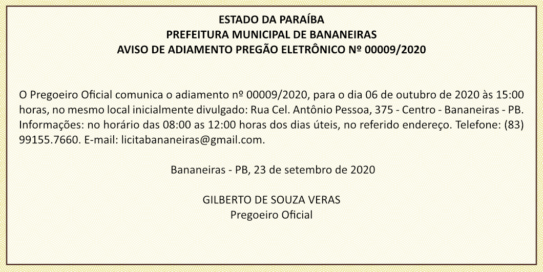 PREFEITURA MUNICIPAL DE BANANEIRAS – AVISO DE ADIAMENTO – PREGÃO ELETRÔNICO Nº 00009/2020