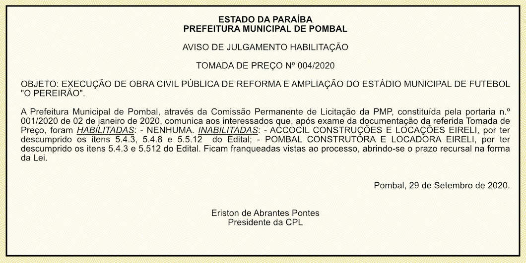 PREFEITURA MUNICIPAL DE POMBAL – AVISO DE JULGAMENTO HABILITAÇÃO – TOMADA DE PREÇO Nº 004/2020