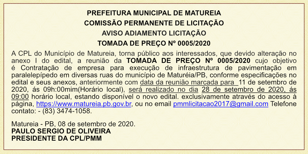 PREFEITURA MUNICIPAL DE MATUREIA – AVISO ADIAMENTO LICITAÇÃO – TOMADA DE PREÇO Nº 0005/2020