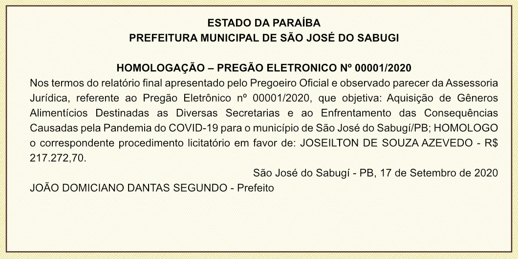 PREFEITURA MUNICIPAL DE SÃO JOSÉ DO SABUGI – HOMOLOGAÇÃO – PREGÃO ELETRONICO Nº 00001/2020