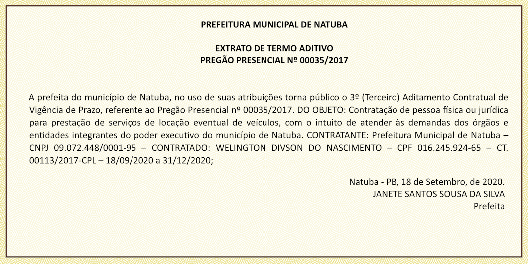 PREFEITURA MUNICIPAL DE NATUBA – EXTRATO DE TERMO ADITIVO – PREGÃO PRESENCIAL Nº 00035/2017