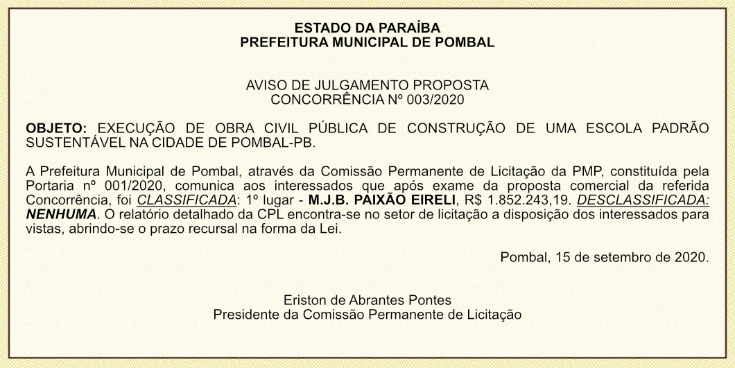 AVISO DE JULGAMENTO PROPOSTA – CONCORRÊNCIA 003/2020