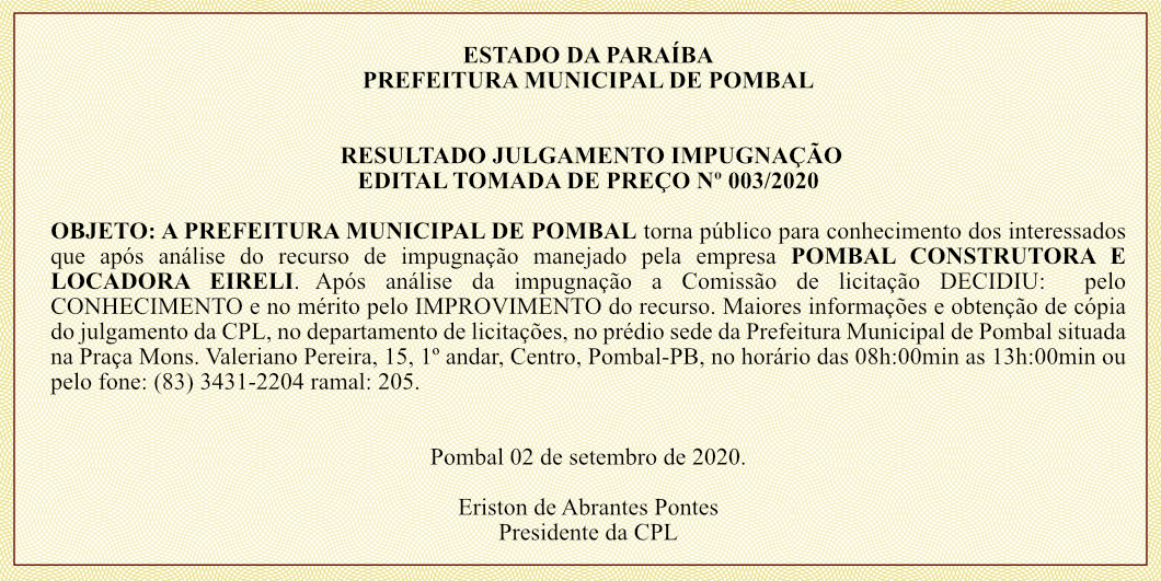 PREFEITURA MUNICIPAL DE POMBAL – RESULTADO JULGAMENTO IMPUGNAÇÃO – EDITAL TOMADA DE PREÇO Nº 003/2020