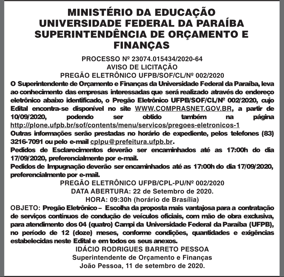PREGÃO ELETRÔNICO UFPB/SOF/CL/Nº 002/2020 – PROCESSO Nº 23074.015434/2020-64