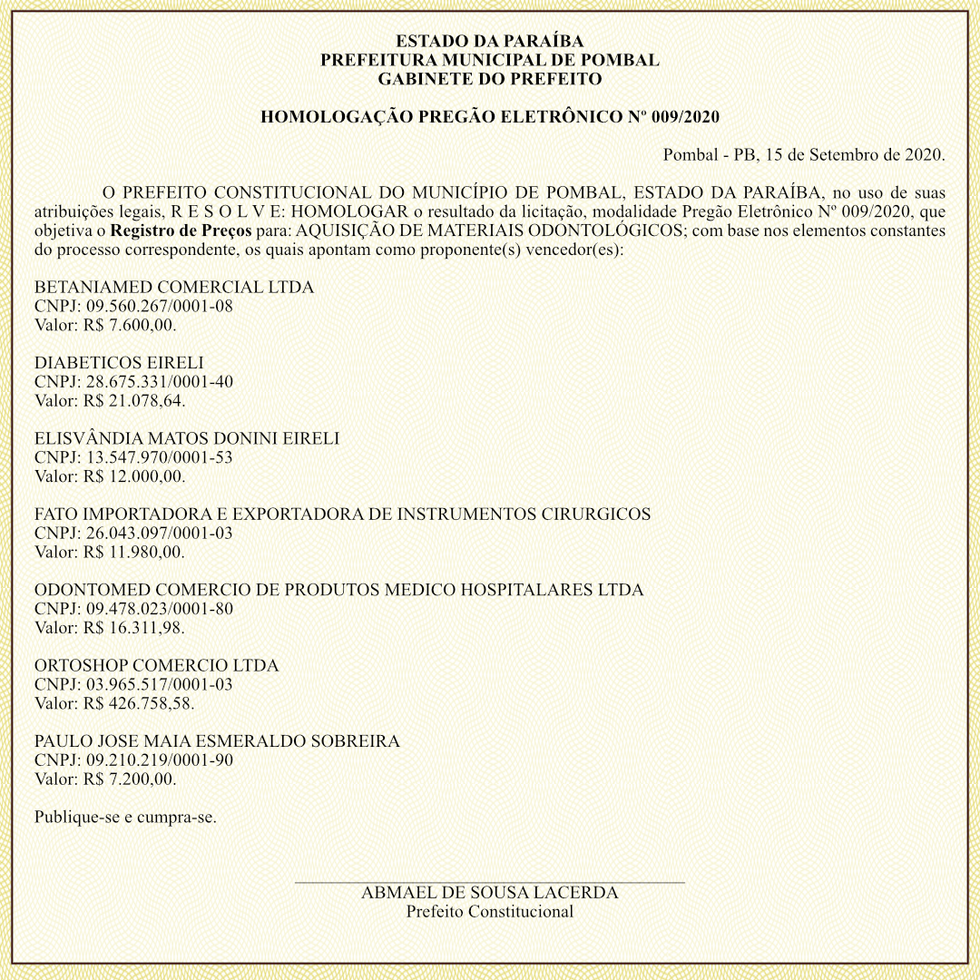 PREFEITURA MUNICIPAL DE POMBAL – GABINETE DO PREFEITO – HOMOLOGAÇÃO – PREGÃO ELETRÔNICO Nº 009/2020