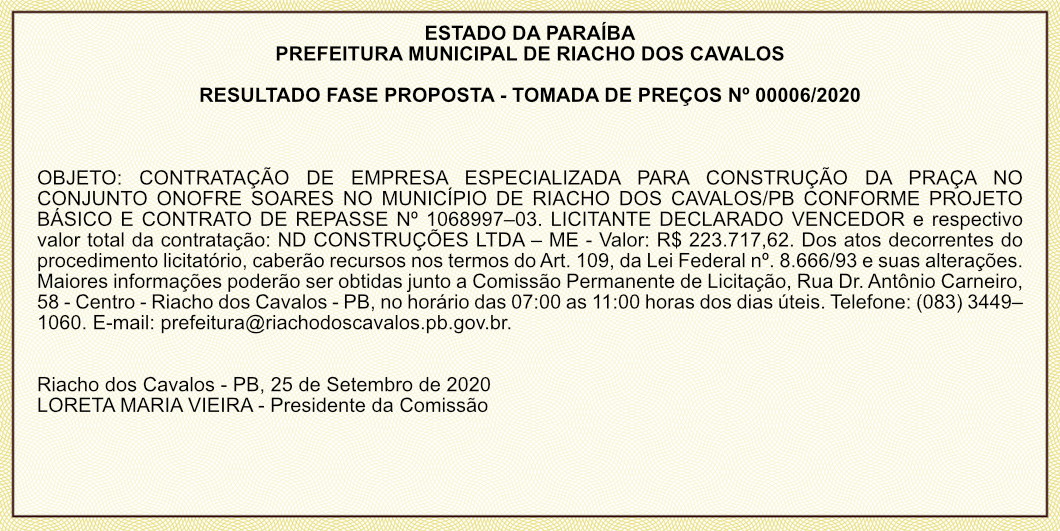 PREFEITURA MUNICIPAL DE RIACHO DOS CAVALOS – RESULTADO FASE PROPOSTA – TOMADA DE PREÇOS Nº 00006/2020