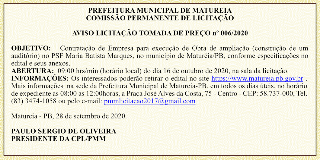 PREFEITURA MUNICIPAL DE MATUREIA – AVISO LICITAÇÃO – TOMADA DE PREÇO nº 006/2020