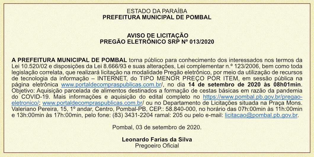 PREFEITURA MUNICIPAL DE POMBAL – AVISO DE LICITAÇÃO – PREGÃO ELETRÔNICO SRP Nº 013/2020