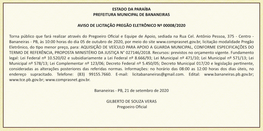 PREFEITURA MUNICIPAL DE BANANEIRAS – AVISO DE LICITAÇÃO – PREGÃO ELETRÔNICO Nº 00008/2020