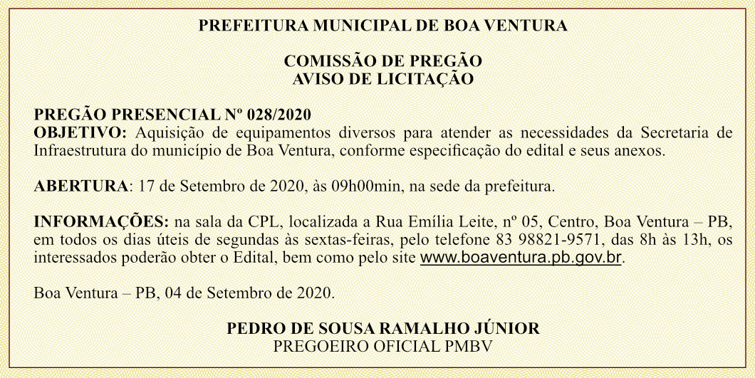 PREFEITURA MUNICIPAL DE BOA VENTURA  – AVISO DE LICITAÇÃO – PREGÃO PRESENCIAL Nº 028/2020