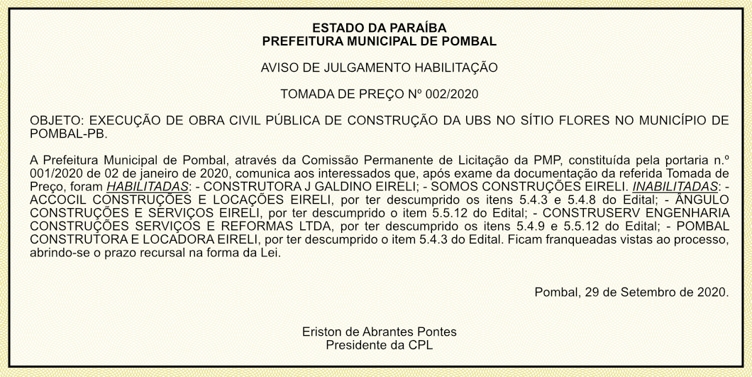 PREFEITURA MUNICIPAL DE POMBAL – AVISO DE JULGAMENTO HABILITAÇÃO – TOMADA DE PREÇO Nº 002/2020