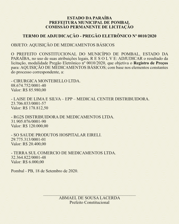 PREFEITURA MUNICIPAL DE POMBAL – COMISSÃO PERMANENTE DE LICITAÇÃO – TERMO DE ADJUDICAÇÃO – PREGÃO ELETRÔNICO Nº 0010/2020