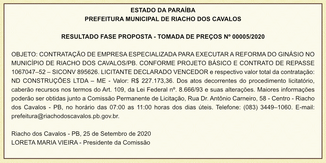 PREFEITURA MUNICIPAL DE RIACHO DOS CAVALOS – RESULTADO FASE PROPOSTA – TOMADA DE PREÇOS Nº 00005/2020