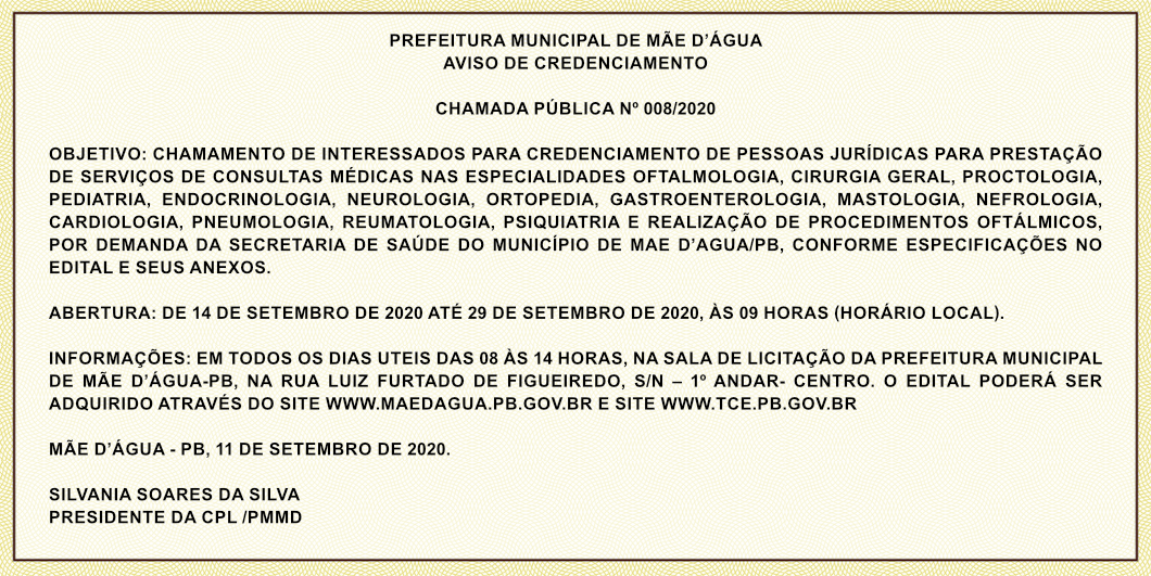 PREFEITURA MUNICIPAL DE MÃE D’ÁGUA –  AVISO DE CREDENCIAMENTO –  CHAMADA PÚBLICA Nº 008/2020