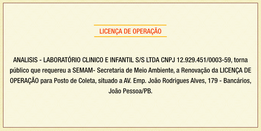 ANALISIS – LABORATÓRIO CLINICO E INFANTIL S/S LTDA – LICENÇA DE OPERAÇÃO