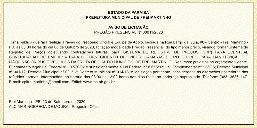 PREFEITURA MUNICIPAL DE FREI MARTINHO – AVISO DE LICITAÇÃO – PREGÃO PRESENCIAL Nº 00011/2020