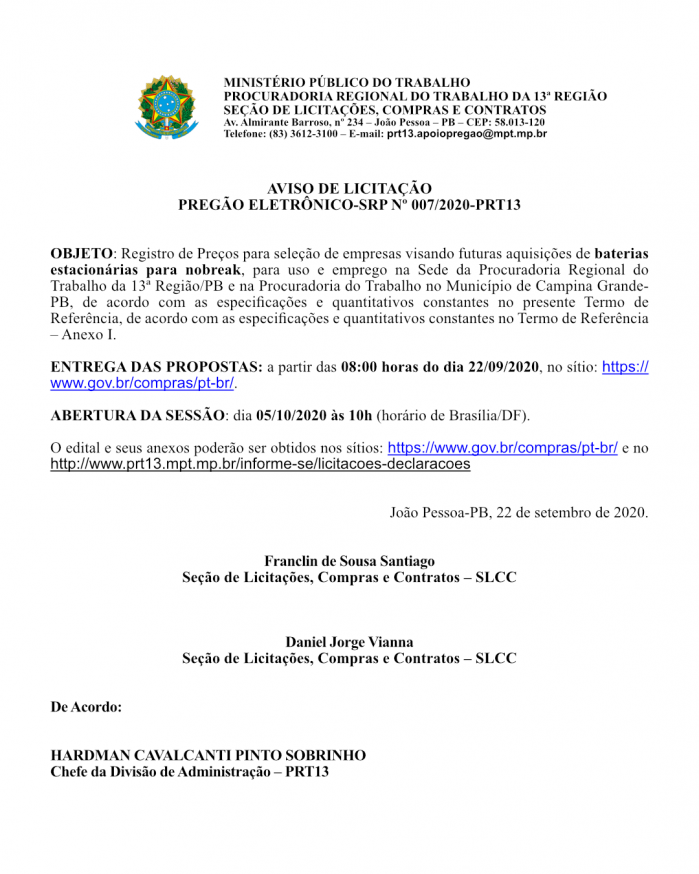MPT – AVISO DE LICITAÇÃO  PREGÃO ELETRÔNICO-SRP Nº 007/2020-PRT13