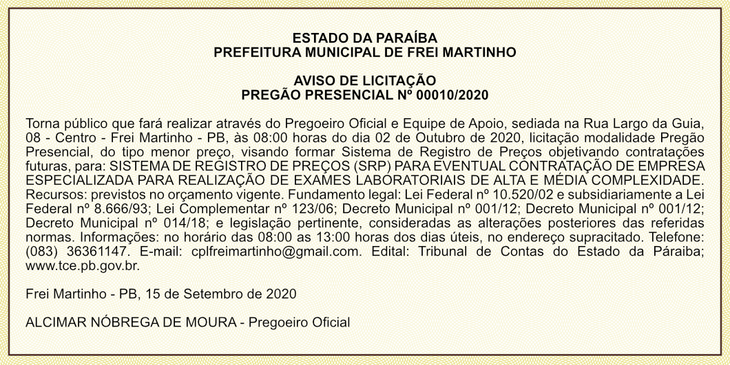 PREFEITURA MUNICIPAL DE FREI MARTINHO – AVISO DE LICITAÇÃO – PREGÃO PRESENCIAL Nº 00010/2020