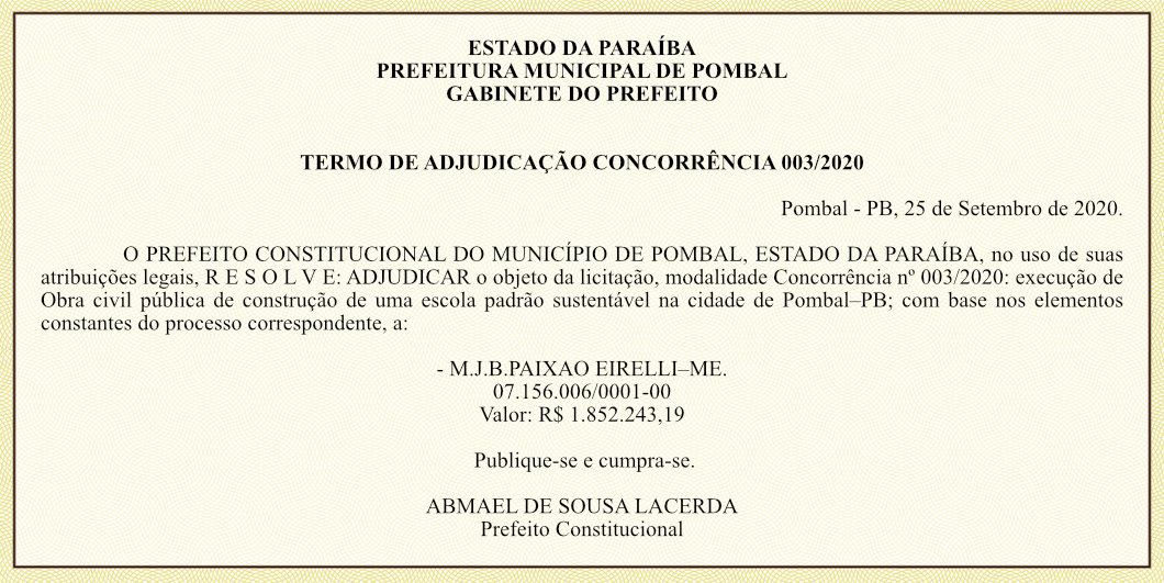 PREFEITURA MUNICIPAL DE POMBAL – GABINETE DO PREFEITO – TERMO DE ADJUDICAÇÃO CONCORRÊNCIA 003/2020