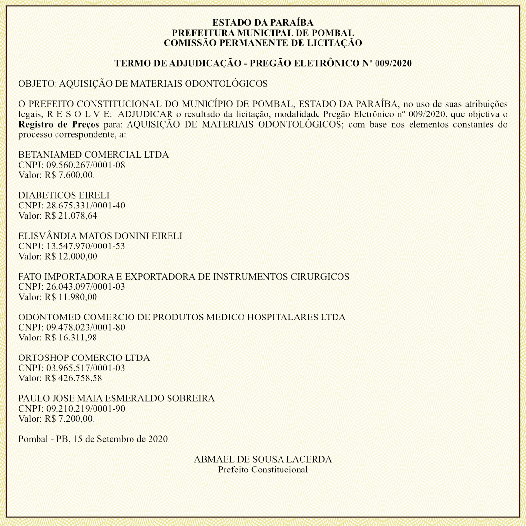 PREFEITURA MUNICIPAL DE POMBAL – COMISSÃO PERMANENTE DE LICITAÇÃO – TERMO DE ADJUDICAÇÃO – PREGÃO ELETRÔNICO Nº 009/2020