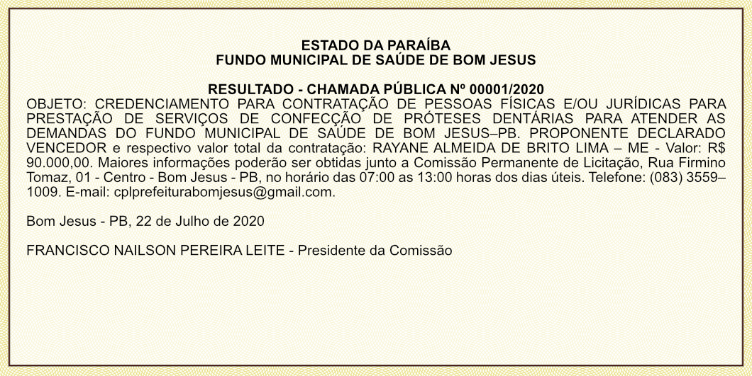 FUNDO MUNICIPAL DE SAÚDE DE BOM JESUS – RESULTADO – CHAMADA PÚBLICA Nº 00001/2020