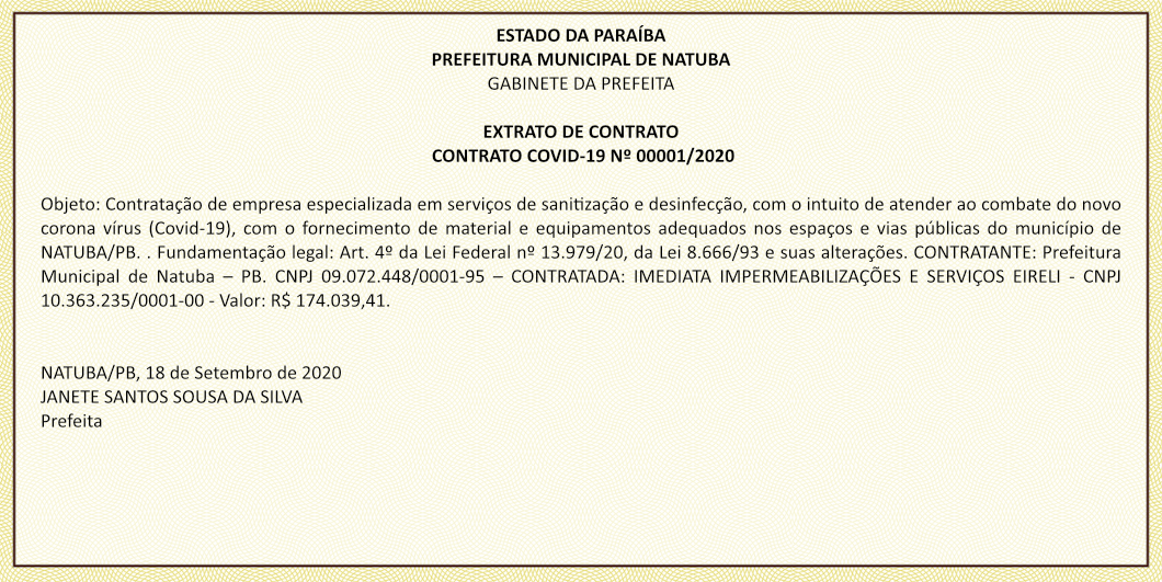 PREFEITURA MUNICIPAL DE NATUBA – GABINETE DA PREFEITA – EXTRATO DE CONTRATO – CONTRATO COVID-19 Nº 00001/2020