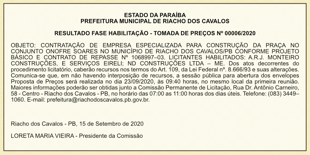 PREFEITURA MUNICIPAL DE RIACHO DOS CAVALOS – RESULTADO FASE DE HABILITAÇÃO – TOMADA DE PREÇOS Nº 00006/2020