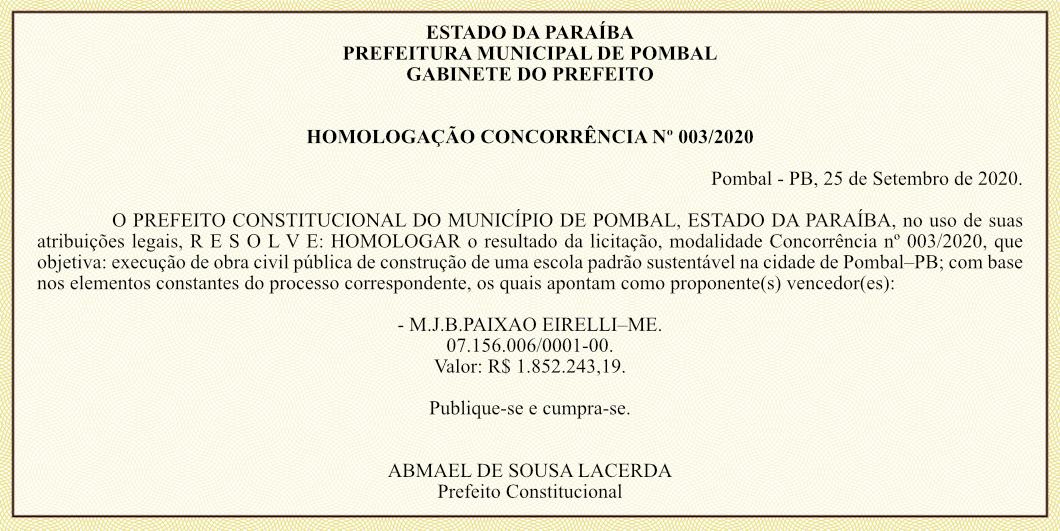 PREFEITURA MUNICIPAL DE POMBAL – GABINETE DO PREFEITO – HOMOLOGAÇÃO CONCORRÊNCIA Nº 003/2020