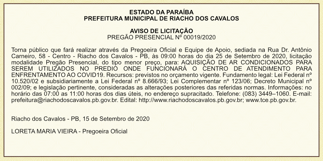 PREFEITURA MUNICIPAL DE RIACHO DOS CAVALOS – AVISO DE LICITAÇÃO – PREGÃO PRESENCIAL Nº 00019/2020
