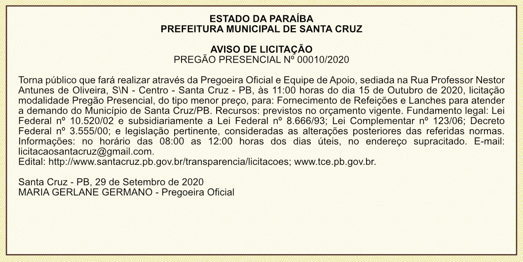 PREFEITURA MUNICIPAL DE SANTA CRUZ – AVISO DE LICITAÇÃO – PREGÃO PRESENCIAL Nº 00010/2020
