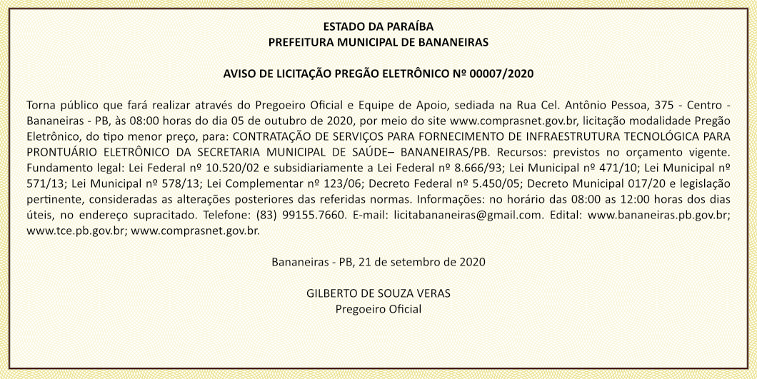 PREFEITURA MUNICIPAL DE BANANEIRAS – AVISO DE LICITAÇÃO – PREGÃO ELETRÔNICO Nº 00007/2020